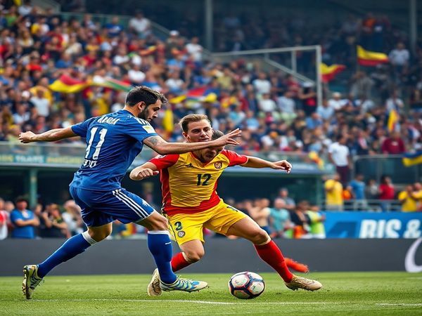 A dynamic football scene capturing the intense clash between Bosnia and Herzegovina and Romania during their World Cup qualifier match. Showcase the contrasting styles: Bosnia's gritty determination with players like Edin Džeko and Miralem Pjanic fiercely battling for possession, against Romania’s technical flair, featuring Nicolae Stanciu and Ianis Hagi executing a swift, artistic counterattack. Imagine a vibrant stadium filled with passionate fans, flags waving, and an electrifying atmosphere. Ensure the scene is in high definition.