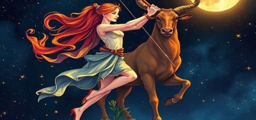 Create a high-definition image depicting the celestial dance between Sagittarius and Taurus in a starry night sky. Illustrate Sagittarius as a vibrant archer, poised on the edge of adventure, with flames and cosmic energy swirling around them, while Taurus stands firmly on earth, embodying stability with lush greenery and blooming flowers. The background should feature twinkling stars and a glowing moon, symbolizing their contrasting energies merging harmoniously. Ensure the colors are rich and vivid, capturing the essence of their intertwined destinies.