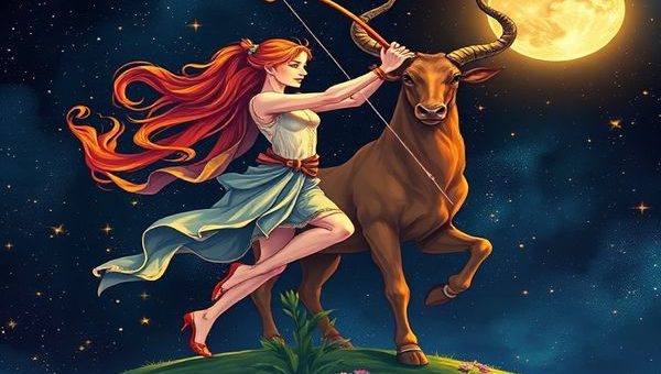 Create a high-definition image depicting the celestial dance between Sagittarius and Taurus in a starry night sky. Illustrate Sagittarius as a vibrant archer, poised on the edge of adventure, with flames and cosmic energy swirling around them, while Taurus stands firmly on earth, embodying stability with lush greenery and blooming flowers. The background should feature twinkling stars and a glowing moon, symbolizing their contrasting energies merging harmoniously. Ensure the colors are rich and vivid, capturing the essence of their intertwined destinies.