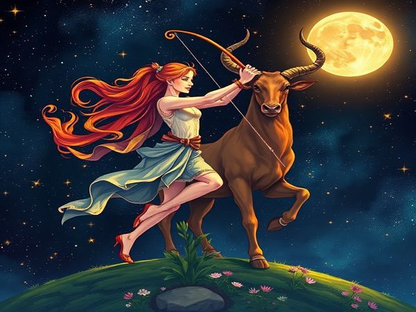 Create a high-definition image depicting the celestial dance between Sagittarius and Taurus in a starry night sky. Illustrate Sagittarius as a vibrant archer, poised on the edge of adventure, with flames and cosmic energy swirling around them, while Taurus stands firmly on earth, embodying stability with lush greenery and blooming flowers. The background should feature twinkling stars and a glowing moon, symbolizing their contrasting energies merging harmoniously. Ensure the colors are rich and vivid, capturing the essence of their intertwined destinies.