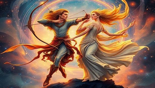 "Create a high definition image of a mystical cosmic dance between Sagittarius and Libra, depicted as a vibrant archer with an arrow aimed at the stars representing boundless spirit, alongside an elegant figure personifying balance and beauty. The background should be a celestial tapestry filled with swirling galaxies and star constellations, showcasing the harmonious blend of fire and air energies. Integrate elements of adventure and artistic grace in the surroundings, illustrating their connection through the cosmos."