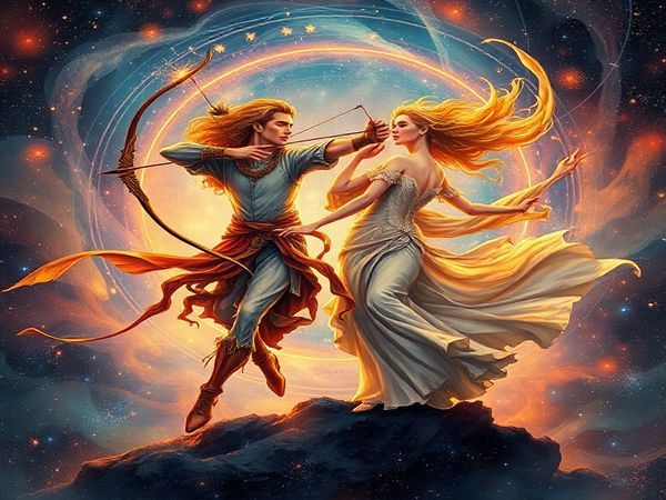 "Create a high definition image of a mystical cosmic dance between Sagittarius and Libra, depicted as a vibrant archer with an arrow aimed at the stars representing boundless spirit, alongside an elegant figure personifying balance and beauty. The background should be a celestial tapestry filled with swirling galaxies and star constellations, showcasing the harmonious blend of fire and air energies. Integrate elements of adventure and artistic grace in the surroundings, illustrating their connection through the cosmos."