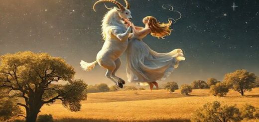 **Image Prompt:** An ethereal scene capturing the celestial dance between Capricorn, depicted as a majestic sea-goat, and Virgo, represented as a graceful maiden, amidst a starry night sky. The two figures are intertwined, embodying stability and nurturing as they float above a lush, tranquil landscape filled with ancient trees and fields of ripened wheat. The atmosphere is serene, illuminated by a soft, golden light that symbolizes their mutual respect and love, with delicate cosmic elements swirling around them. High definition.