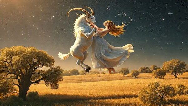 **Image Prompt:** An ethereal scene capturing the celestial dance between Capricorn, depicted as a majestic sea-goat, and Virgo, represented as a graceful maiden, amidst a starry night sky. The two figures are intertwined, embodying stability and nurturing as they float above a lush, tranquil landscape filled with ancient trees and fields of ripened wheat. The atmosphere is serene, illuminated by a soft, golden light that symbolizes their mutual respect and love, with delicate cosmic elements swirling around them. High definition.
