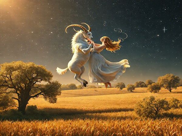 **Image Prompt:** An ethereal scene capturing the celestial dance between Capricorn, depicted as a majestic sea-goat, and Virgo, represented as a graceful maiden, amidst a starry night sky. The two figures are intertwined, embodying stability and nurturing as they float above a lush, tranquil landscape filled with ancient trees and fields of ripened wheat. The atmosphere is serene, illuminated by a soft, golden light that symbolizes their mutual respect and love, with delicate cosmic elements swirling around them. High definition.