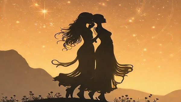 Create a high definition image depicting twin stars in the Virgo constellation, surrounded by a serene landscape of earth tones and soft, swirling breezes. Include intertwined silhouettes of two Virgo figures, embodying grace and intellect as they engage in a quiet, harmonious dance. Surround them with subtle symbols of meticulous order and nature—like delicate flowers and organized patterns in the earth. The scene should evoke a sense of deep connection and tranquility, illustrating a profound bond through gentle gestures and shared understanding.