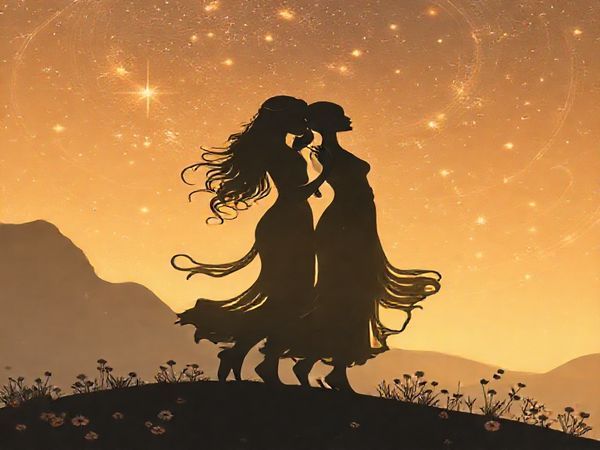 Create a high definition image depicting twin stars in the Virgo constellation, surrounded by a serene landscape of earth tones and soft, swirling breezes. Include intertwined silhouettes of two Virgo figures, embodying grace and intellect as they engage in a quiet, harmonious dance. Surround them with subtle symbols of meticulous order and nature—like delicate flowers and organized patterns in the earth. The scene should evoke a sense of deep connection and tranquility, illustrating a profound bond through gentle gestures and shared understanding.
