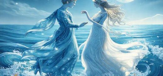 Create a high-definition image depicting the ethereal connection between Pisces and Cancer, represented as two graceful figures dancing in a serene ocean setting. The Piscean figure, adorned with flowing robes of dreamy blues and shimmering stars, gazes toward the horizon, while the Cancer figure, draped in soft silvery tones reflecting the moonlight, extends a nurturing hand. Surround them with swirling waves, delicate flowers, and twinkling constellations, embodying their profound emotional bond and the sanctuary they create together in the cosmic ballet of love.