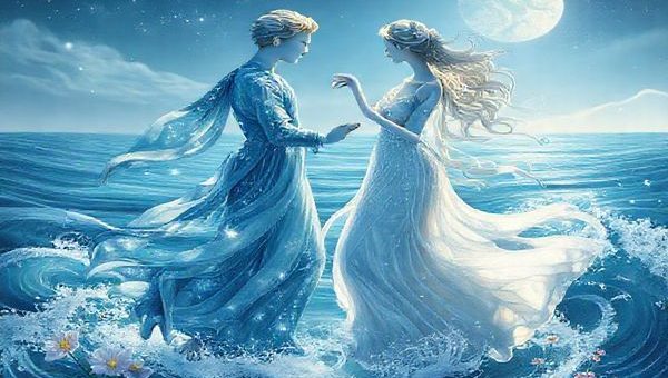 Create a high-definition image depicting the ethereal connection between Pisces and Cancer, represented as two graceful figures dancing in a serene ocean setting. The Piscean figure, adorned with flowing robes of dreamy blues and shimmering stars, gazes toward the horizon, while the Cancer figure, draped in soft silvery tones reflecting the moonlight, extends a nurturing hand. Surround them with swirling waves, delicate flowers, and twinkling constellations, embodying their profound emotional bond and the sanctuary they create together in the cosmic ballet of love.