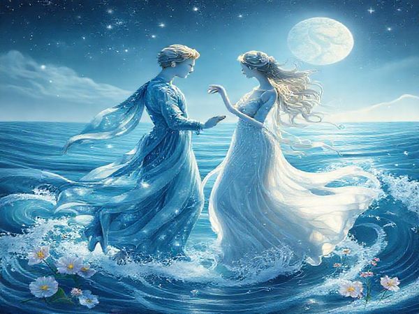 Create a high-definition image depicting the ethereal connection between Pisces and Cancer, represented as two graceful figures dancing in a serene ocean setting. The Piscean figure, adorned with flowing robes of dreamy blues and shimmering stars, gazes toward the horizon, while the Cancer figure, draped in soft silvery tones reflecting the moonlight, extends a nurturing hand. Surround them with swirling waves, delicate flowers, and twinkling constellations, embodying their profound emotional bond and the sanctuary they create together in the cosmic ballet of love.