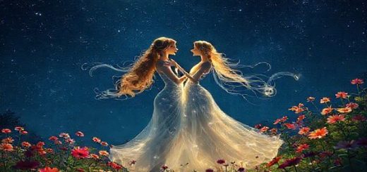 Create a high-definition image of two ethereal Libras gracefully dancing under a starry night sky, their forms entwined like wisps of light. Surround them with a moonlit garden blooming with vibrant flowers that reflect their beauty and harmony. Capture the essence of love and understanding in their gazes, surrounded by a serene, celestial backdrop that embodies balance, elegance, and the tranquil energy of the cosmos. The scene should feel like an intimate symphony, radiating warmth and connection.