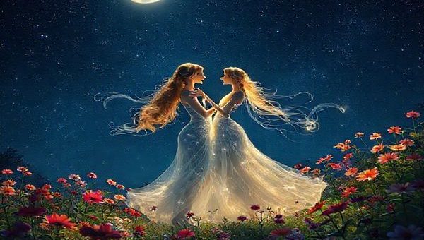 Create a high-definition image of two ethereal Libras gracefully dancing under a starry night sky, their forms entwined like wisps of light. Surround them with a moonlit garden blooming with vibrant flowers that reflect their beauty and harmony. Capture the essence of love and understanding in their gazes, surrounded by a serene, celestial backdrop that embodies balance, elegance, and the tranquil energy of the cosmos. The scene should feel like an intimate symphony, radiating warmth and connection.