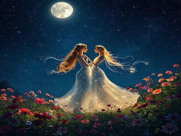 Create a high-definition image of two ethereal Libras gracefully dancing under a starry night sky, their forms entwined like wisps of light. Surround them with a moonlit garden blooming with vibrant flowers that reflect their beauty and harmony. Capture the essence of love and understanding in their gazes, surrounded by a serene, celestial backdrop that embodies balance, elegance, and the tranquil energy of the cosmos. The scene should feel like an intimate symphony, radiating warmth and connection.