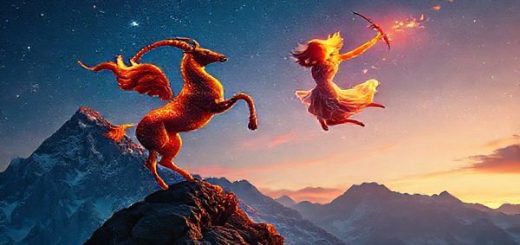 Create a high-definition image depicting the celestial dance between Capricorn and Sagittarius. Visualize a majestic mountain landscape symbolizing Capricorn’s earthy depth, contrasted with vibrant flames and shooting stars representing Sagittarius’ fiery spirit. Include a Capricorn symbolically climbing the mountain with determination, while a Sagittarius figure is joyfully leaping through the air, embodying freedom and adventure. Let the sky be a blend of earthy and fiery hues, illustrating their unique but complementary nature in a harmonious cosmic tableau.