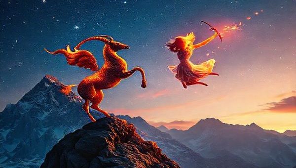 Create a high-definition image depicting the celestial dance between Capricorn and Sagittarius. Visualize a majestic mountain landscape symbolizing Capricorn’s earthy depth, contrasted with vibrant flames and shooting stars representing Sagittarius’ fiery spirit. Include a Capricorn symbolically climbing the mountain with determination, while a Sagittarius figure is joyfully leaping through the air, embodying freedom and adventure. Let the sky be a blend of earthy and fiery hues, illustrating their unique but complementary nature in a harmonious cosmic tableau.