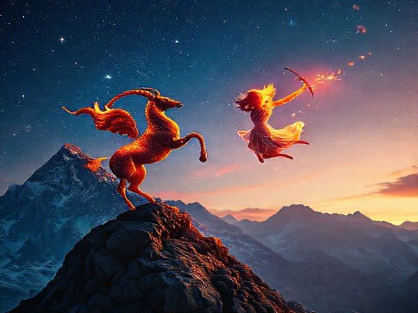 Create a high-definition image depicting the celestial dance between Capricorn and Sagittarius. Visualize a majestic mountain landscape symbolizing Capricorn’s earthy depth, contrasted with vibrant flames and shooting stars representing Sagittarius’ fiery spirit. Include a Capricorn symbolically climbing the mountain with determination, while a Sagittarius figure is joyfully leaping through the air, embodying freedom and adventure. Let the sky be a blend of earthy and fiery hues, illustrating their unique but complementary nature in a harmonious cosmic tableau.