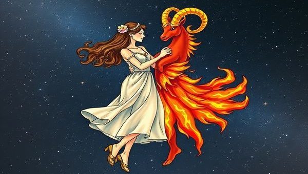 Create a high-definition image of a cosmic dance illustrating Virgo and Aries as celestial beings. Virgo, depicted as a nurturing figure surrounded by blooming flowers and delicate trees, embodies earth's quiet wisdom. Aries, represented as a bold and fiery figure, bursts with vibrant energy, surrounded by shooting stars and flames. Show them in a harmonious waltz against a starry sky backdrop, blending the elements of earth and fire, symbolizing their unique relationship and complementary strengths.