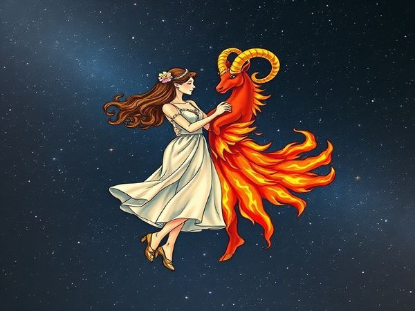 Create a high-definition image of a cosmic dance illustrating Virgo and Aries as celestial beings. Virgo, depicted as a nurturing figure surrounded by blooming flowers and delicate trees, embodies earth's quiet wisdom. Aries, represented as a bold and fiery figure, bursts with vibrant energy, surrounded by shooting stars and flames. Show them in a harmonious waltz against a starry sky backdrop, blending the elements of earth and fire, symbolizing their unique relationship and complementary strengths.