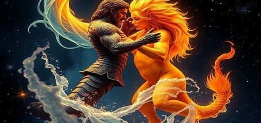 Create a high-definition image of Scorpio and Leo represented as powerful celestial entities entwined in a passionate dance amidst a starry night sky. Scorpio, depicted as a deep, enigmatic water serpent with swirling oceanic hues, exudes intensity, while Leo, a radiant lion bathed in golden sunlight, radiates warmth and confidence. The scene captures the contrasting elements of fire and water harmonizing, creating vibrant steam and mist around them, symbolizing their emotional connection. This cosmic tableau showcases a tapestry of depth, emotion, and fiery passion, with stars whispering ancient secrets in the background.