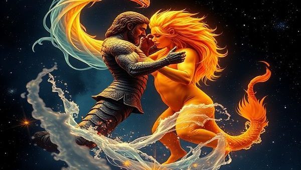 Create a high-definition image of Scorpio and Leo represented as powerful celestial entities entwined in a passionate dance amidst a starry night sky. Scorpio, depicted as a deep, enigmatic water serpent with swirling oceanic hues, exudes intensity, while Leo, a radiant lion bathed in golden sunlight, radiates warmth and confidence. The scene captures the contrasting elements of fire and water harmonizing, creating vibrant steam and mist around them, symbolizing their emotional connection. This cosmic tableau showcases a tapestry of depth, emotion, and fiery passion, with stars whispering ancient secrets in the background.