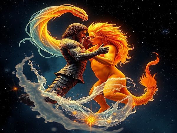 Create a high-definition image of Scorpio and Leo represented as powerful celestial entities entwined in a passionate dance amidst a starry night sky. Scorpio, depicted as a deep, enigmatic water serpent with swirling oceanic hues, exudes intensity, while Leo, a radiant lion bathed in golden sunlight, radiates warmth and confidence. The scene captures the contrasting elements of fire and water harmonizing, creating vibrant steam and mist around them, symbolizing their emotional connection. This cosmic tableau showcases a tapestry of depth, emotion, and fiery passion, with stars whispering ancient secrets in the background.
