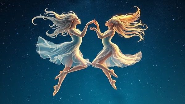 Create a high definition image of a celestial ballet between Libra and Gemini under a starry night sky. Visualize delicate, ethereal dancers representing Libra and Gemini, surrounded by swirling air currents and twinkling stars. Libra embodies balance and beauty, with graceful, flowing movements, while Gemini showcases playful spontaneity, adapting through vibrant, dynamic poses. Their connection radiates a sense of harmony and joy, with hints of Venusian elegance and Mercurial energy illuminating the scene. The ambiance should feel enchanting and whimsical, evoking a sense of cosmic love and eternal companionship.