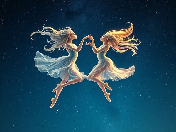 Create a high definition image of a celestial ballet between Libra and Gemini under a starry night sky. Visualize delicate, ethereal dancers representing Libra and Gemini, surrounded by swirling air currents and twinkling stars. Libra embodies balance and beauty, with graceful, flowing movements, while Gemini showcases playful spontaneity, adapting through vibrant, dynamic poses. Their connection radiates a sense of harmony and joy, with hints of Venusian elegance and Mercurial energy illuminating the scene. The ambiance should feel enchanting and whimsical, evoking a sense of cosmic love and eternal companionship.