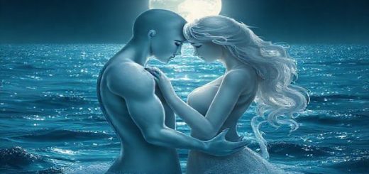 A serene moonlit scene depicting two ethereal Cancer souls intertwined, their gentle forms radiating warmth and tenderness against a backdrop of shimmering ocean waves. The moon casts a silvery glow, illuminating their connection, as they move gracefully together like flowing rivers. Soft hues of blue and silver capture the ambiance of the night, while subtle textures convey the depth of their emotional bond. High definition.