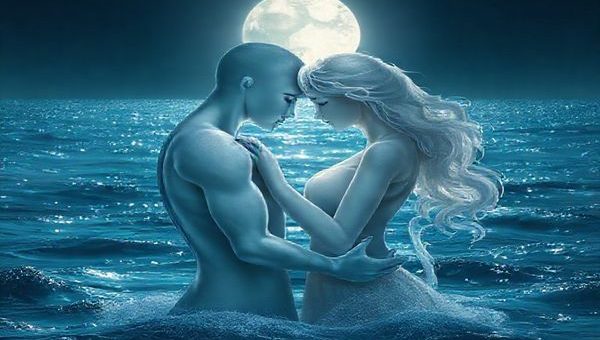 A serene moonlit scene depicting two ethereal Cancer souls intertwined, their gentle forms radiating warmth and tenderness against a backdrop of shimmering ocean waves. The moon casts a silvery glow, illuminating their connection, as they move gracefully together like flowing rivers. Soft hues of blue and silver capture the ambiance of the night, while subtle textures convey the depth of their emotional bond. High definition.