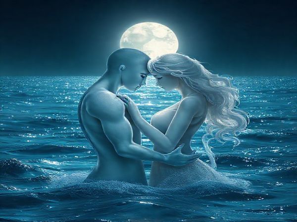 A serene moonlit scene depicting two ethereal Cancer souls intertwined, their gentle forms radiating warmth and tenderness against a backdrop of shimmering ocean waves. The moon casts a silvery glow, illuminating their connection, as they move gracefully together like flowing rivers. Soft hues of blue and silver capture the ambiance of the night, while subtle textures convey the depth of their emotional bond. High definition.
