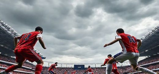 Create a high-definition image of a dramatic football match scene set in a stadium under a cloudy sky, showcasing the fierce competition between Gibraltar and Montenegro. Depict Gibraltar's players in a defensive formation, displaying determination and grit, while Montenegro's players are seen pressing forward aggressively, showing flair and intensity. Include a lively crowd in the stands, with flags of both nations waving, capturing the essence of their battle for World Cup qualification.