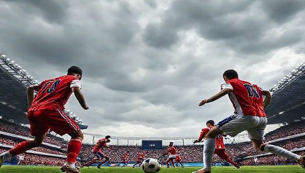 Create a high-definition image of a dramatic football match scene set in a stadium under a cloudy sky, showcasing the fierce competition between Gibraltar and Montenegro. Depict Gibraltar's players in a defensive formation, displaying determination and grit, while Montenegro's players are seen pressing forward aggressively, showing flair and intensity. Include a lively crowd in the stands, with flags of both nations waving, capturing the essence of their battle for World Cup qualification.