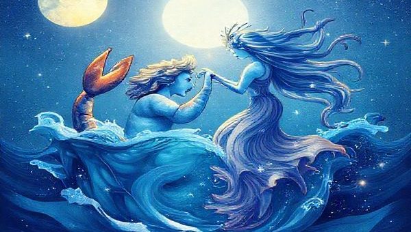 Create a high-definition image depicting a celestial scene of Cancer and Aquarius in a harmonious dance. Illustrate Cancer as a nurturing figure, enveloped in soothing waters under a luminous moon, surrounded by symbols of family and memory. Represent Aquarius as a visionary figure, flowing with breezy air, pouring forth vibrant ideas symbolized by stars and innovative patterns. Show the dynamic interaction between water and air, with shades of blue and hints of electric hues, blending together to form a tapestry of emotional depth and intellectual exploration. Highlight their contrasting yet complementary energies in a captivating cosmic landscape.