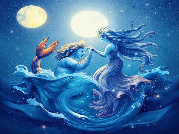 Create a high-definition image depicting a celestial scene of Cancer and Aquarius in a harmonious dance. Illustrate Cancer as a nurturing figure, enveloped in soothing waters under a luminous moon, surrounded by symbols of family and memory. Represent Aquarius as a visionary figure, flowing with breezy air, pouring forth vibrant ideas symbolized by stars and innovative patterns. Show the dynamic interaction between water and air, with shades of blue and hints of electric hues, blending together to form a tapestry of emotional depth and intellectual exploration. Highlight their contrasting yet complementary energies in a captivating cosmic landscape.