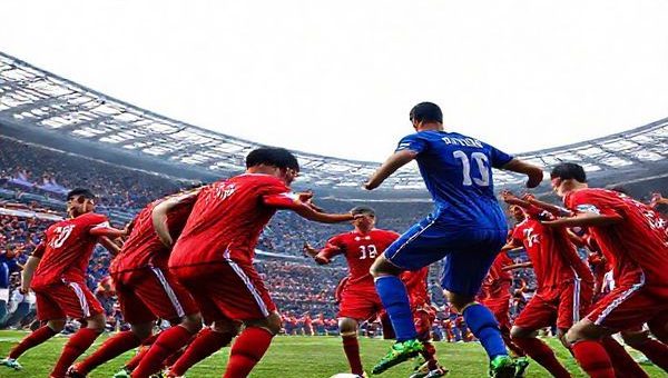 A dynamic football scene showcasing a high-stakes World Cup qualifier match between Azerbaijan and France. The Azerbaijani team, dressed in vibrant red, embodies grit and teamwork, set against the intimidating presence of the French side in striking blue. Capture the contrast of styles: Azerbaijan’s disciplined, defensive formation versus France’s fluid, attacking flair. Include a tense atmosphere with fans from both sides, the backdrop of the Caspian Sea and the streets of Paris blending into the scene. The image should convey energy, strategy, and the excitement of the match, rendered in high definition.