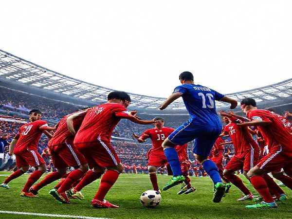 A dynamic football scene showcasing a high-stakes World Cup qualifier match between Azerbaijan and France. The Azerbaijani team, dressed in vibrant red, embodies grit and teamwork, set against the intimidating presence of the French side in striking blue. Capture the contrast of styles: Azerbaijan’s disciplined, defensive formation versus France’s fluid, attacking flair. Include a tense atmosphere with fans from both sides, the backdrop of the Caspian Sea and the streets of Paris blending into the scene. The image should convey energy, strategy, and the excitement of the match, rendered in high definition.
