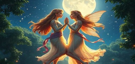 Create a high-definition image of two ethereal twin figures dancing harmoniously under a starry night sky, embodying the essence of Gemini. The scene should capture them in a lush forest canopy, illuminated by both moonlight and twinkling constellations. Their expressions should reflect curiosity, mischief, and deep emotional connection, with vibrant colors and shimmering details that evoke a cosmic tapestry. The atmosphere should feel magical and alive, showcasing their playful yet profound relationship as they communicate in an infinite dance of discovery, surrounded by elements representing their dual nature and creativity.