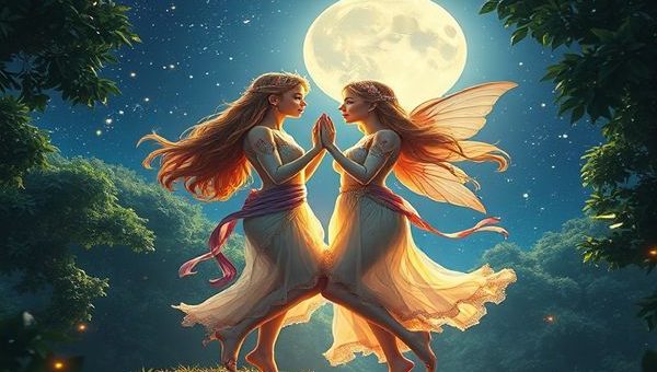 Create a high-definition image of two ethereal twin figures dancing harmoniously under a starry night sky, embodying the essence of Gemini. The scene should capture them in a lush forest canopy, illuminated by both moonlight and twinkling constellations. Their expressions should reflect curiosity, mischief, and deep emotional connection, with vibrant colors and shimmering details that evoke a cosmic tapestry. The atmosphere should feel magical and alive, showcasing their playful yet profound relationship as they communicate in an infinite dance of discovery, surrounded by elements representing their dual nature and creativity.