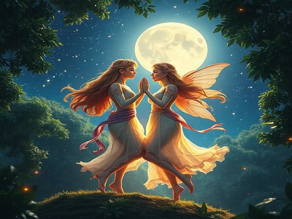 Create a high-definition image of two ethereal twin figures dancing harmoniously under a starry night sky, embodying the essence of Gemini. The scene should capture them in a lush forest canopy, illuminated by both moonlight and twinkling constellations. Their expressions should reflect curiosity, mischief, and deep emotional connection, with vibrant colors and shimmering details that evoke a cosmic tapestry. The atmosphere should feel magical and alive, showcasing their playful yet profound relationship as they communicate in an infinite dance of discovery, surrounded by elements representing their dual nature and creativity.