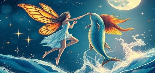 "Illustrate a cosmic dance between Gemini and Pisces, featuring Gemini as a vibrant, air-like figure with butterfly wings, weaving through a shimmering starlit sky, while Pisces appears as a fluid, ethereal being emerging from sparkling ocean waves beneath a moonlit backdrop. Capture the harmonious interplay of intellect and emotion, with twinkling stars and swirling constellations illuminating their connection. Emphasize their unique traits—Gemini’s curiosity and Piscean sensitivity—with rich colors and intricate details. Create this enchanting scene in high definition."