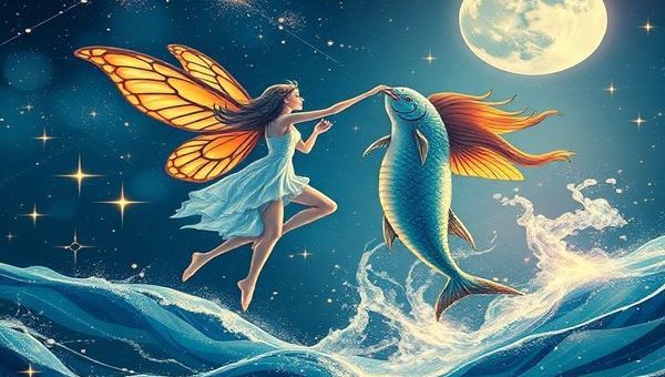 "Illustrate a cosmic dance between Gemini and Pisces, featuring Gemini as a vibrant, air-like figure with butterfly wings, weaving through a shimmering starlit sky, while Pisces appears as a fluid, ethereal being emerging from sparkling ocean waves beneath a moonlit backdrop. Capture the harmonious interplay of intellect and emotion, with twinkling stars and swirling constellations illuminating their connection. Emphasize their unique traits—Gemini’s curiosity and Piscean sensitivity—with rich colors and intricate details. Create this enchanting scene in high definition."