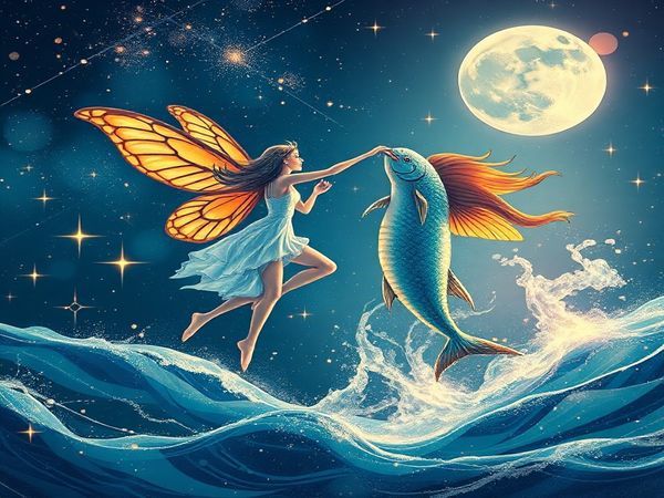 "Illustrate a cosmic dance between Gemini and Pisces, featuring Gemini as a vibrant, air-like figure with butterfly wings, weaving through a shimmering starlit sky, while Pisces appears as a fluid, ethereal being emerging from sparkling ocean waves beneath a moonlit backdrop. Capture the harmonious interplay of intellect and emotion, with twinkling stars and swirling constellations illuminating their connection. Emphasize their unique traits—Gemini’s curiosity and Piscean sensitivity—with rich colors and intricate details. Create this enchanting scene in high definition."