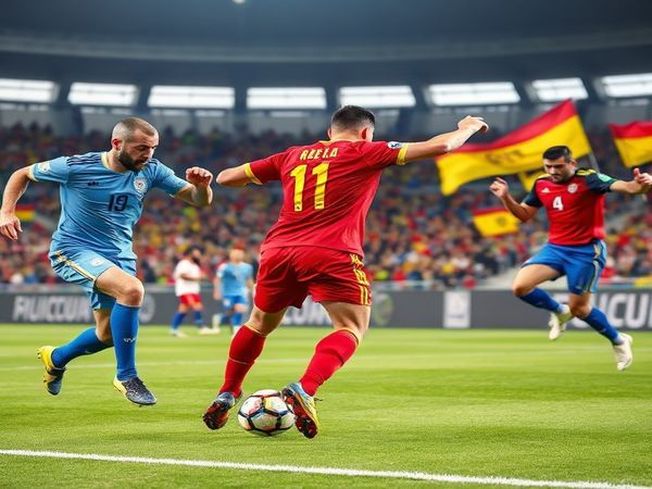 "Visualize an epic football match scene capturing the intense clash between Israel and Moldova in a vibrant stadium. Israel, dressed in blue, showcases dynamic players with determination and speed, executing quick transitions on the field. On the other side, Moldova, in traditional red, displays their gritty and resilient defensive strategy. The background is filled with passionate fans, waving flags and banners, embodying the spirit of hope and ambition as they support their teams in this pivotal World Cup qualifier. Create this image in high definition."