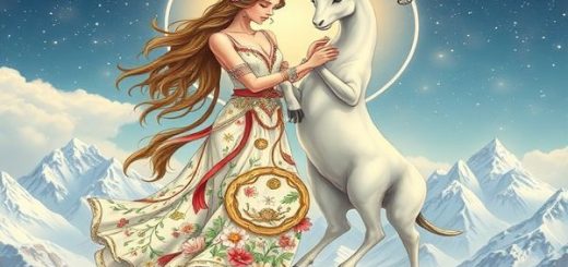 High definition image of Virgo and Capricorn personified as celestial beings: Virgo adorned in late summer flowers with intricate patterns and a nurturing aura, while Capricorn embodies snowy peaks, elegantly strong with a dignified presence. They dance gracefully amidst a starlit sky, surrounded by symbols of nature’s craftsmanship and grounded ambition, creating a harmonious blend of earth elements, with soft whispers of love resonating in the air.