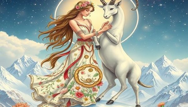 High definition image of Virgo and Capricorn personified as celestial beings: Virgo adorned in late summer flowers with intricate patterns and a nurturing aura, while Capricorn embodies snowy peaks, elegantly strong with a dignified presence. They dance gracefully amidst a starlit sky, surrounded by symbols of nature’s craftsmanship and grounded ambition, creating a harmonious blend of earth elements, with soft whispers of love resonating in the air.