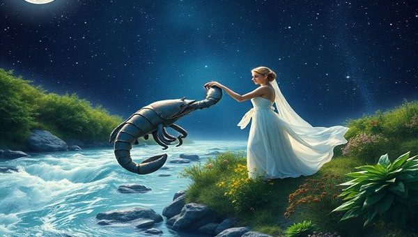 Create a high-definition image of a cosmic scene depicting the celestial dance of Cancer and Virgo, with Cancer represented as a gentle stream under a shimmering moonlight, flowing gracefully toward the earthy, practical embodiment of Virgo, illustrated as a serene maiden surrounded by lush, fertile gardens. Envelop them in a starry backdrop, where constellations twinkle above, symbolizing harmony and balance in their union, capturing the essence of tenderness and wisdom in their interaction.