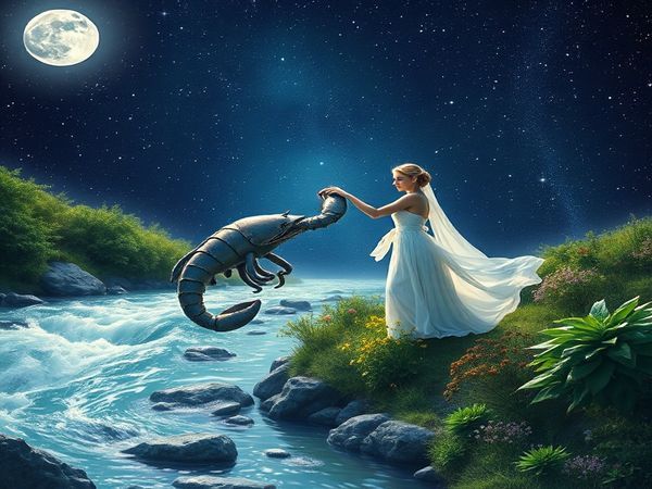 Create a high-definition image of a cosmic scene depicting the celestial dance of Cancer and Virgo, with Cancer represented as a gentle stream under a shimmering moonlight, flowing gracefully toward the earthy, practical embodiment of Virgo, illustrated as a serene maiden surrounded by lush, fertile gardens. Envelop them in a starry backdrop, where constellations twinkle above, symbolizing harmony and balance in their union, capturing the essence of tenderness and wisdom in their interaction.