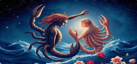 A high-definition image depicting the celestial romance of Scorpio and Cancer under a moonlit sky. Scorpio, a majestic and enigmatic figure, represents deep ocean depths, with shimmering dark waters and stars reflecting its intensity, while Cancer is a nurturing presence, glowing softly with the light of the Moon, surrounded by gentle waves and seashells. The scene captures their souls intertwining in a dance, with hints of vibrant flowers blooming around them, symbolizing their loyal and passionate connection amidst a tapestry of starry night skies and cosmic wonder.
