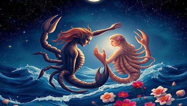 A high-definition image depicting the celestial romance of Scorpio and Cancer under a moonlit sky. Scorpio, a majestic and enigmatic figure, represents deep ocean depths, with shimmering dark waters and stars reflecting its intensity, while Cancer is a nurturing presence, glowing softly with the light of the Moon, surrounded by gentle waves and seashells. The scene captures their souls intertwining in a dance, with hints of vibrant flowers blooming around them, symbolizing their loyal and passionate connection amidst a tapestry of starry night skies and cosmic wonder.