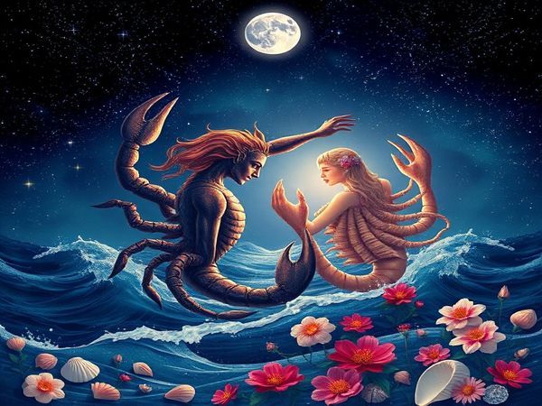 A high-definition image depicting the celestial romance of Scorpio and Cancer under a moonlit sky. Scorpio, a majestic and enigmatic figure, represents deep ocean depths, with shimmering dark waters and stars reflecting its intensity, while Cancer is a nurturing presence, glowing softly with the light of the Moon, surrounded by gentle waves and seashells. The scene captures their souls intertwining in a dance, with hints of vibrant flowers blooming around them, symbolizing their loyal and passionate connection amidst a tapestry of starry night skies and cosmic wonder.